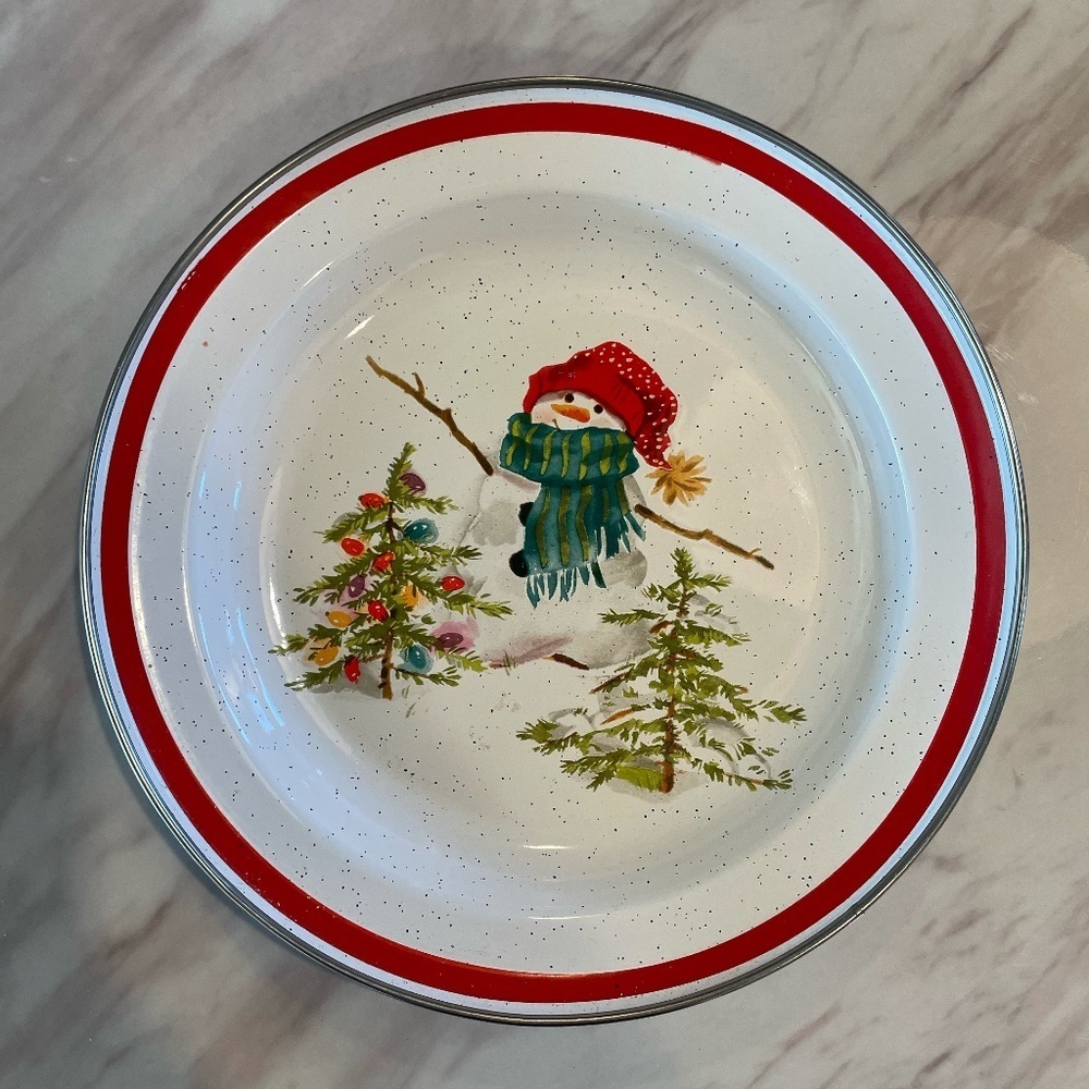 VINTAGE HALLMARK SNOWMAN/CHRISTMAS TREES  DESIGN SHALLOW BOWL/PIE DISH